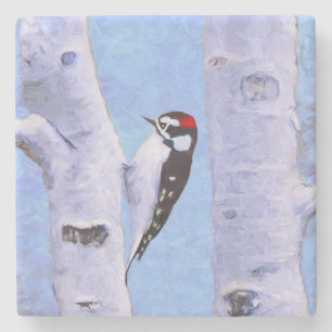 Dessous-de-verre En Pierre Peinture Downy Woodpecker - Art original pour oise