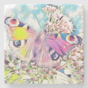 Dessous-de-verre En Pierre Peinture d'un papillon rose sur des fleurs colorée
