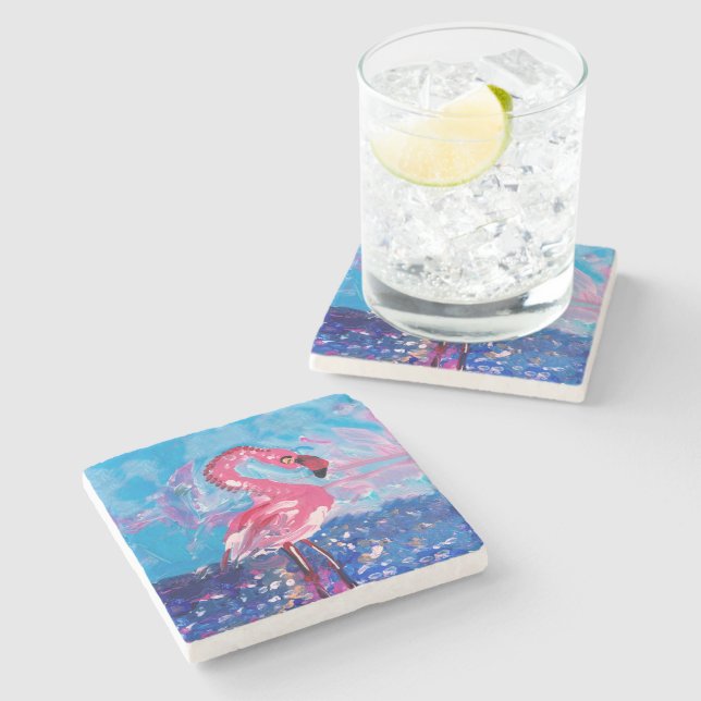 Dessous-de-verre En Pierre Peinture Flamant rose (Côté)