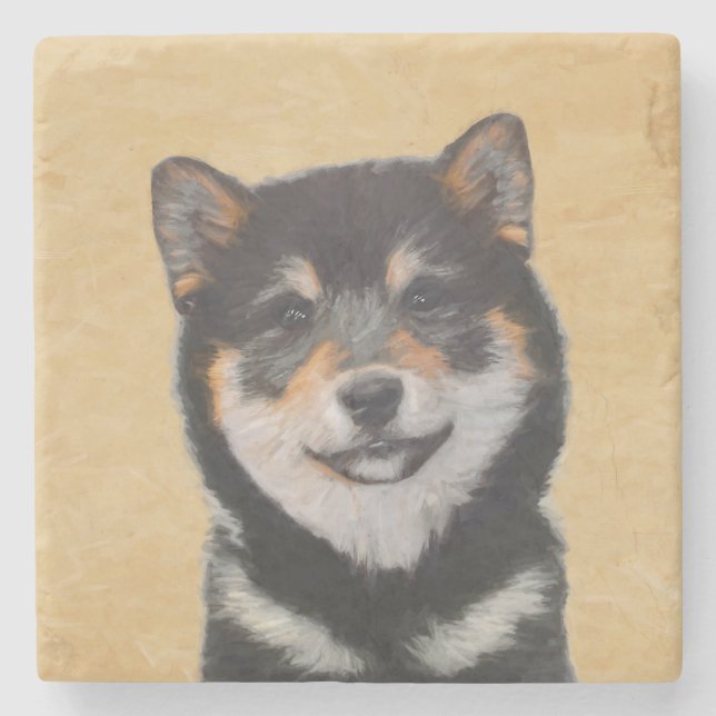 Dessous-de-verre En Pierre Peinture Shiba Inu (Noir et Tan) - Art Chien (Devant)