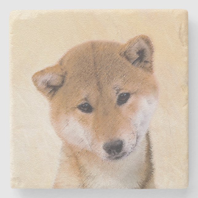 Dessous-de-verre En Pierre Peinture Shiba Inu (Rouge) - Art Chien original (Devant)