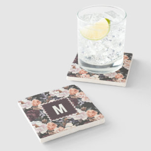 Dessous-de-verre En Pierre Peonies sombres Motif floral Monogramme