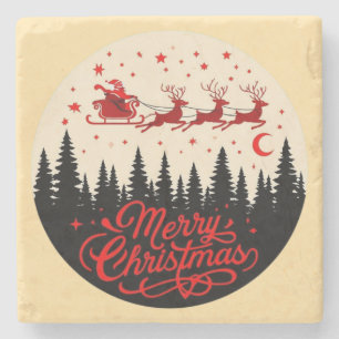 Dessous-de-verre En Pierre Père Noël Sleigh Joyeux Noël Forêt Scène Art