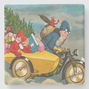 Dessous-de-verre En Pierre Père Noël vintage sur la moto Noël