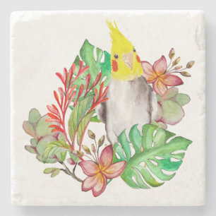 Dessous-de-verre En Pierre Perroquet Corella mignon dans des plantes et des f