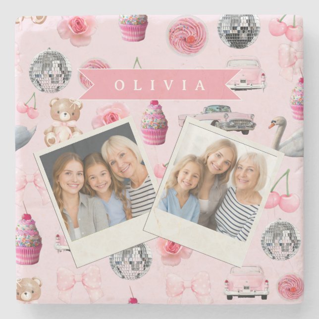 Dessous-de-verre En Pierre Personalized Pink Coquette Retro Cute Teddy Bear  (Devant)