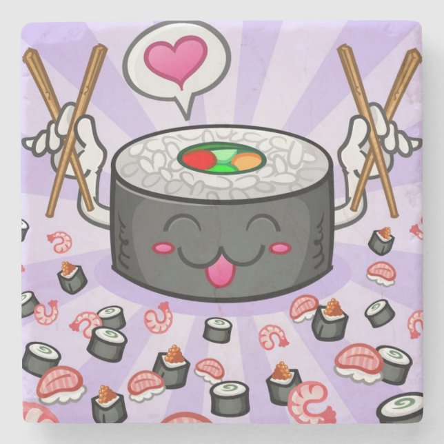 Dessous-de-verre En Pierre Personnage de dessin animé de sushi mangeant un (Devant)