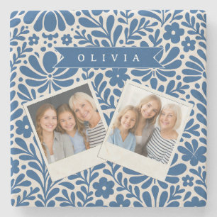 Dessous-de-verre En Pierre Personnalisé Floral Folklorique Bleu Nordique Sur