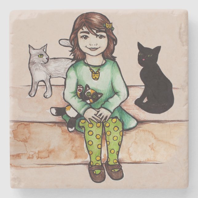Dessous-de-verre En Pierre Petite fille avec chats (Devant)