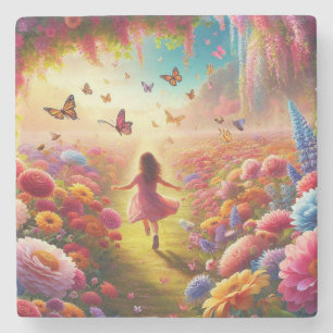 Dessous-de-verre En Pierre Petite fille dans un champ de fleurs et de papillo