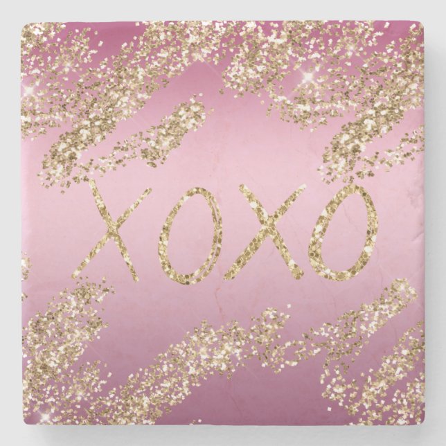 Dessous-de-verre En Pierre Pink Ombre Gold Parties scintillant Heart XOXO (Devant)