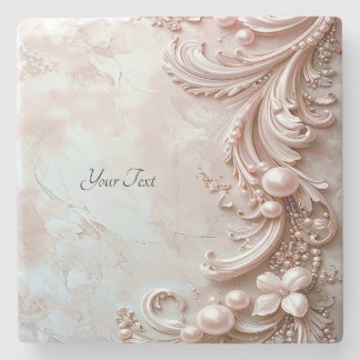 Dessous-de-verre En Pierre Pink Ornate Pearl and Floral Stone Coaster