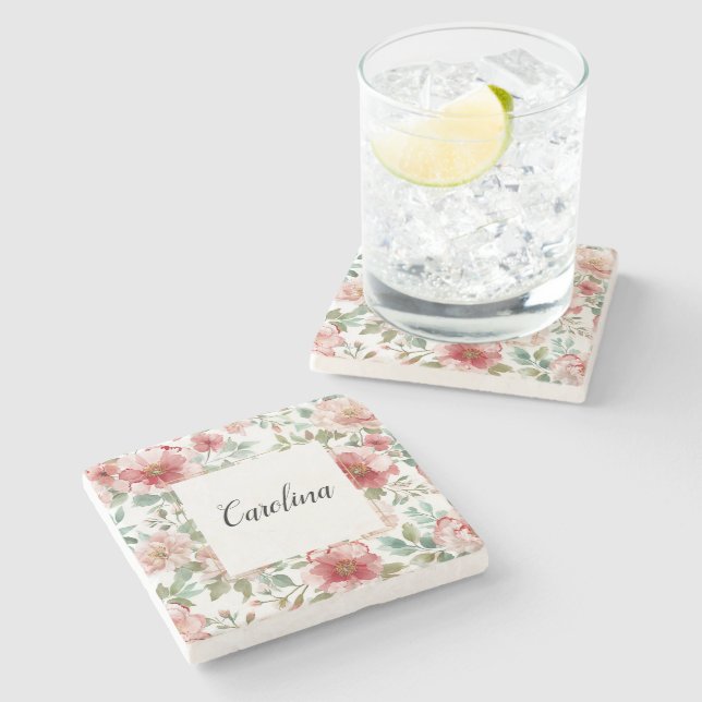 Dessous-de-verre En Pierre Pink Red Flowers   (Côté)