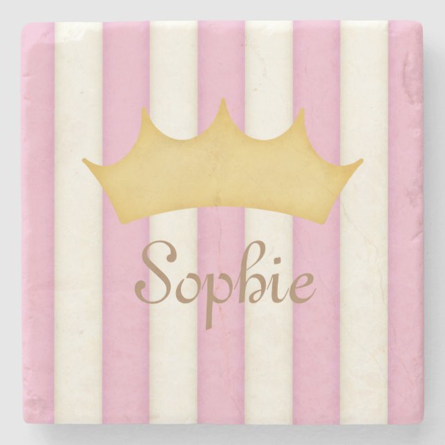 Dessous-de-verre En Pierre Pink Stripes Nom personnalisé Princess Crown (Devant)