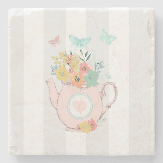 Dessous-de-verre En Pierre Pink Teapot with Flowers & Butterflies (Devant)