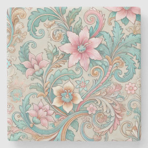 Dessous-de-verre En Pierre Pink Turquoise Boho Indonésien Batik Floral Aquare