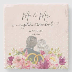 Dessous-de-verre En Pierre Pivoines Floral Blush Script Tendance M. et Mme.