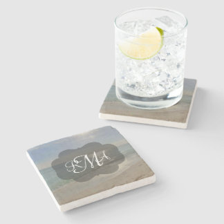 Dessous-de-verre En Pierre Plage 3 lettres Monogrammes Initiales Océan