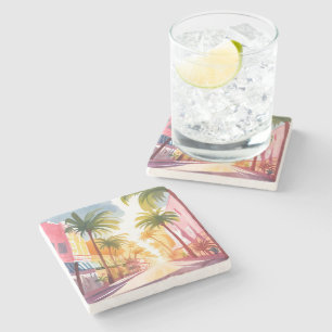 Dessous-de-verre En Pierre Plage de Miami Peinture aquarelle colorée vive