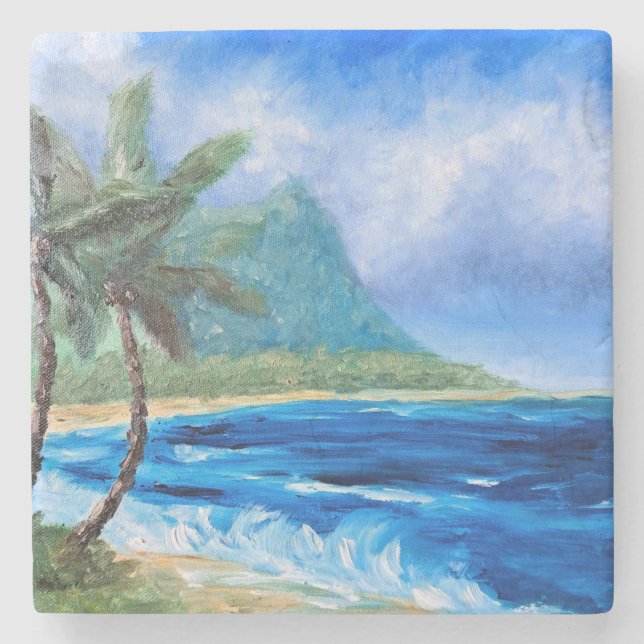 Dessous-de-verre En Pierre Plage Hawaii Sunny Peinture Paradis Tropical Palm (Devant)