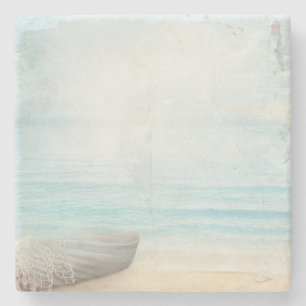 Dessous-de-verre En Pierre Plage nautique avec Rowboat & Fishing Net