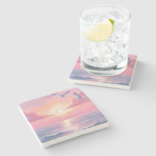 Dessous-de-verre En Pierre Plage rose Aquarelle côtière de coucher de solei