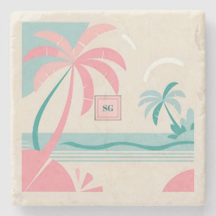 Dessous-de-verre En Pierre Plage tropicale pastel minimaliste rose et turquoi