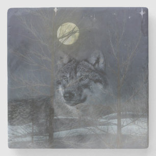 Dessous-de-verre En Pierre Pleine lune Wolf Spirit