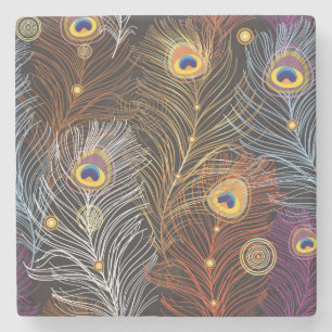 Dessous-de-verre En Pierre Plumes de paon doré : motif foncé.