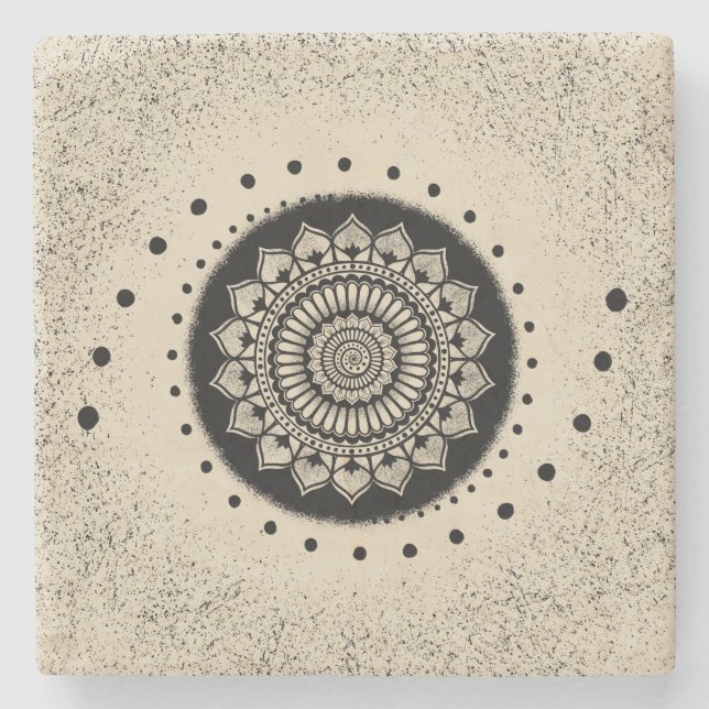 Dessous-de-verre En Pierre Points spiraux et fleurs Henné noir Mandala (Devant)
