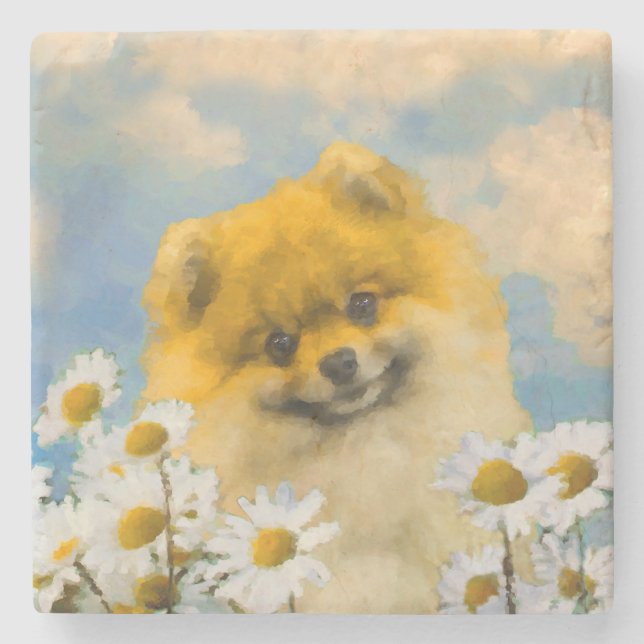 Dessous-de-verre En Pierre Poméranien dans Daisies Peinture - Art Chien origi (Devant)