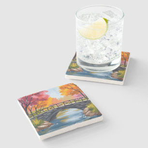 Dessous-de-verre En Pierre Pont d'automne Feuillage d'automne Aquarelle Natur