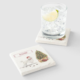 Dessous-de-verre En Pierre Poodle blanc Funny Chien de Noël avec arbre