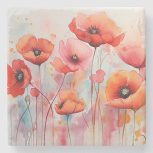 Dessous-de-verre En Pierre Poppies d'aquarelle rouge dans un champ