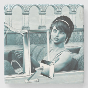 Dessous-de-verre En Pierre Portrait d'art de femme glamour bleu vintage