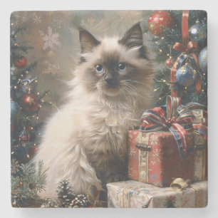 Dessous-de-verre En Pierre Portrait de chat de Noël de chaton Balinais Art