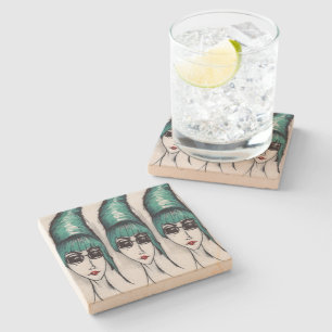 Dessous-de-verre En Pierre Portrait de la femme monstre mère Art Pop Teal Bee