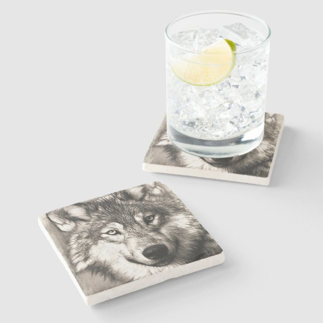 Dessous-de-verre En Pierre Portrait de loup (Côté)