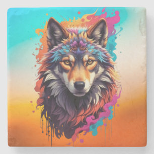 Dessous-de-verre En Pierre Portrait de loup coloré Art animalier abstrait-876