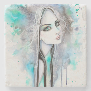 Dessous-de-verre En Pierre Portrait Moderne de Fille Art Gothique Aquarelle