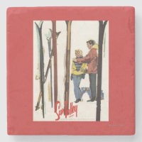 Poster Skis debout dans la neige par un couple