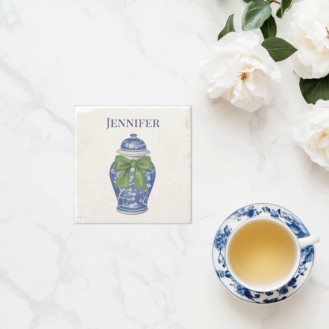 Dessous-de-verre En Pierre Pot à gingembre bleu et blanc de style chinoiserie (Personalized blue ginger jar bow stone coaster custom name)