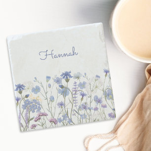 Dessous-de-verre En Pierre Pré à fleurs sauvages aquarelle bleue monogrammée