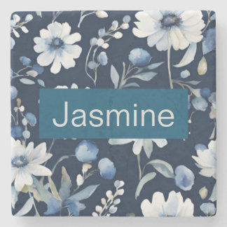 Dessous-de-verre En Pierre Professionnel Moderne Minimaliste Blue Floral Nom