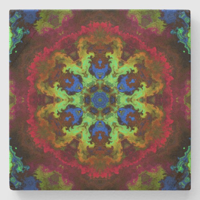Dessous-de-verre En Pierre Psychédélique Mandala Fleur Vert Bleu et Rouge (Devant)