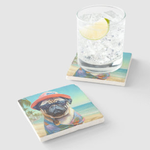 Dessous-de-verre En Pierre Pug sur la plage, cadeau d'été pour amateur de chi