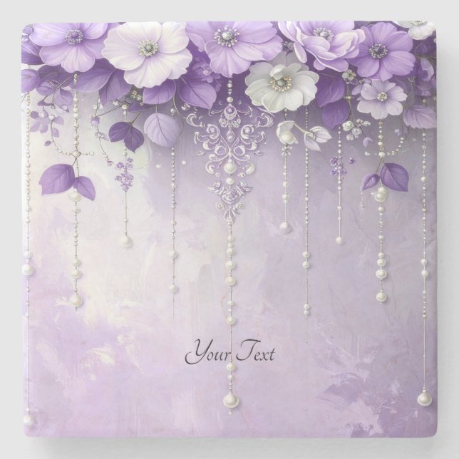 Dessous-de-verre En Pierre Purple Flowers with Dangling Pearls Stone Coaster (Devant)