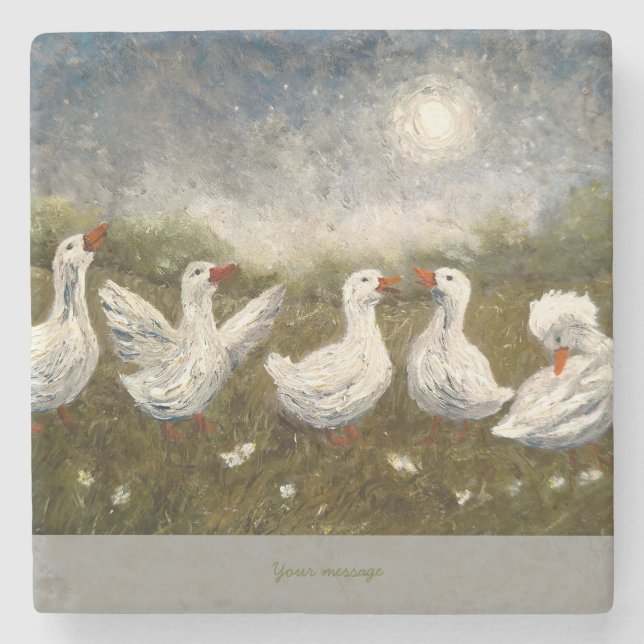Dessous-de-verre En Pierre Quiet Quack: White Duck Starry Night Goose (Devant)