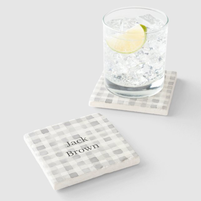 Dessous-de-verre En Pierre Rayures à carreaux gris blanc (Côté)