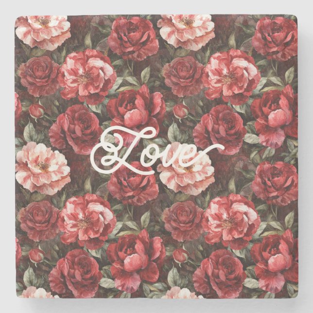 Dessous-de-verre En Pierre Red Pink Rose Flowers   (Devant)